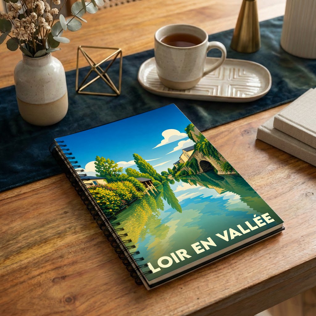 Carnet à spirales souvenir de Loir en Vallée avec une illustration stylisée de la rivière.