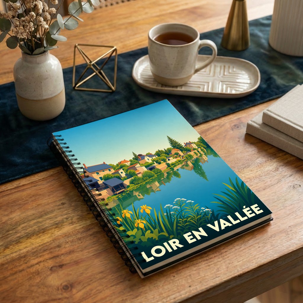Carnet à spirales souvenir de Loir en Vallée illustré par une vue stylisée du village et de sa rivière.