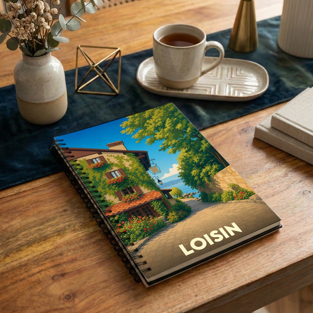 Carnet souvenir de la ville de Loisin avec une illustration stylisée d'une maison fleurie au bord de l'eau.