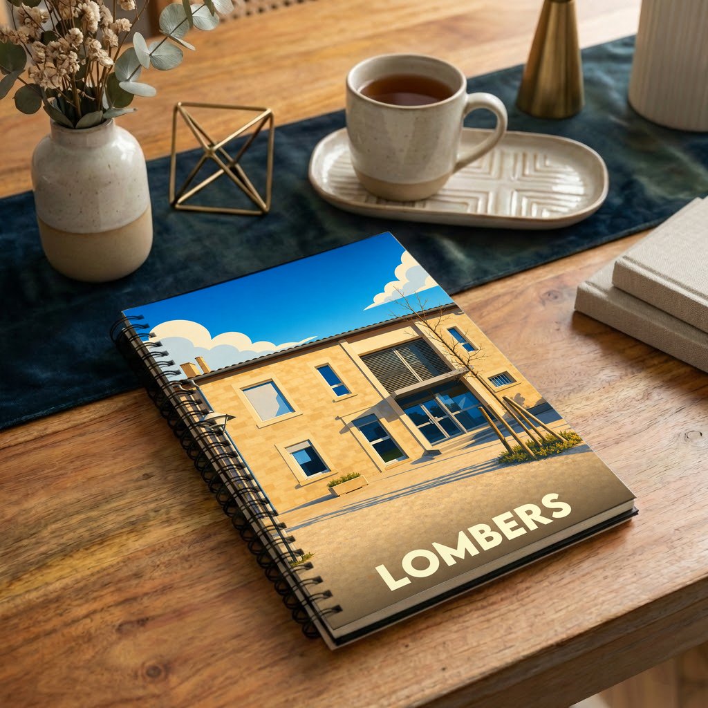 Carnet à spirales souvenir de la ville de Lombers avec une illustration architecturale stylisée.