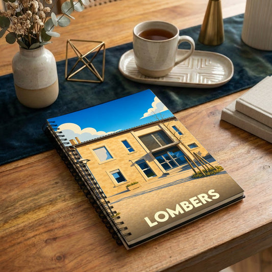 Carnet à spirales souvenir de la ville de Lombers avec une illustration architecturale stylisée.