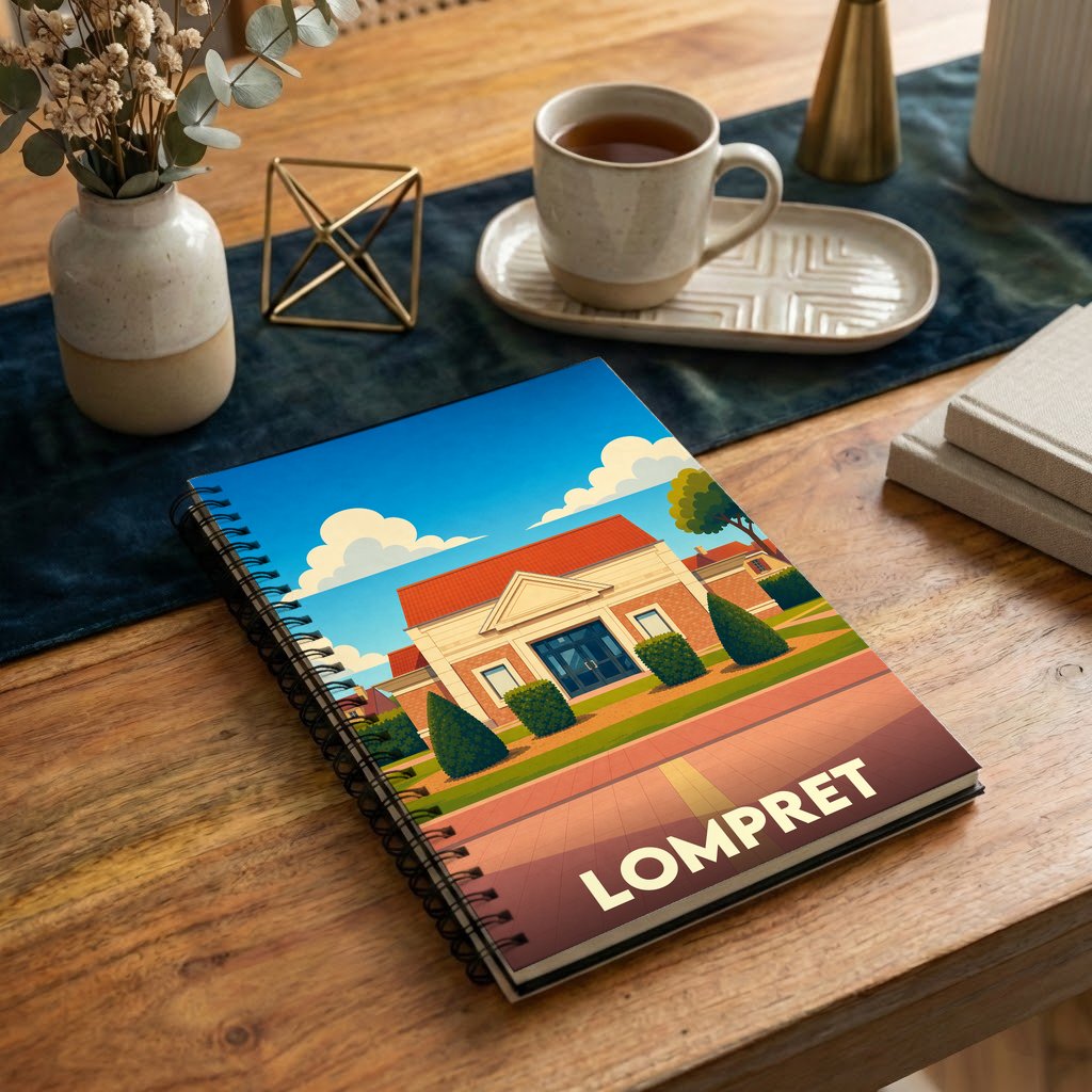 Carnet à spirales souvenir de la ville de Lompret avec une illustration stylisée.