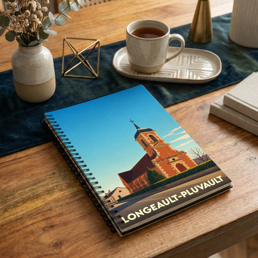Carnet à spirales souvenir de la ville de Longeault-Pluvault avec une illustration stylisée de son église.