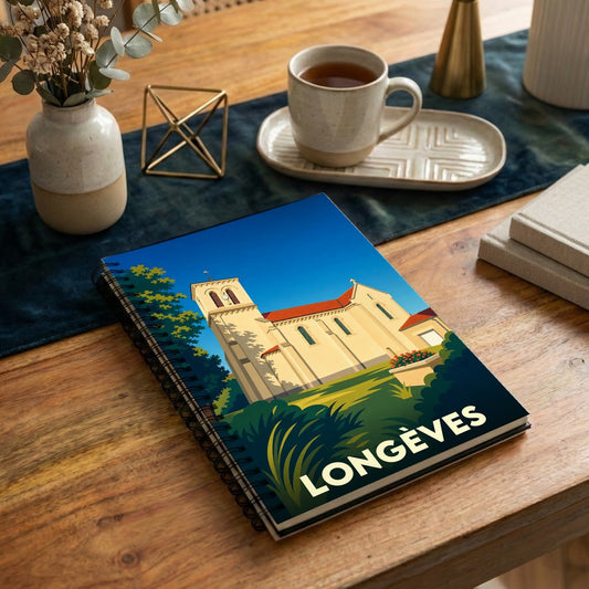Carnet de notes souvenir de la ville de Longèves avec une illustration stylisée de son église.