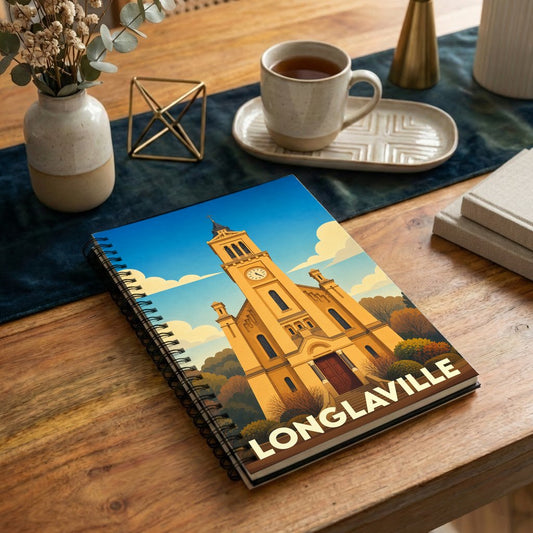 Carnet de notes souvenir de la ville de Longlaville avec une illustration stylisée de son église.