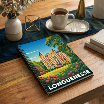 Carnet à spirales souvenir de la ville de Longuenesse avec une illustration stylisée de son château.