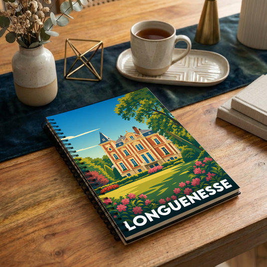 Carnet à spirales souvenir de la ville de Longuenesse avec une illustration stylisée de son château.