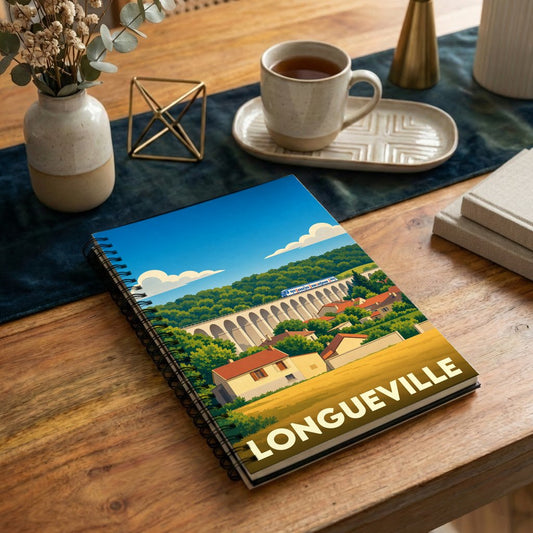 Carnet souvenir de la ville de Longueville orné d'une illustration stylisée représentant son célèbre viaduc.