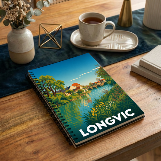 Carnet à spirales souvenir de la ville de Longvic avec une illustration stylisée d'un paysage fluvial.