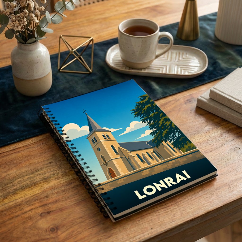 Carnet de notes souvenir de la ville de Lonrai avec une illustration stylisée de son église.