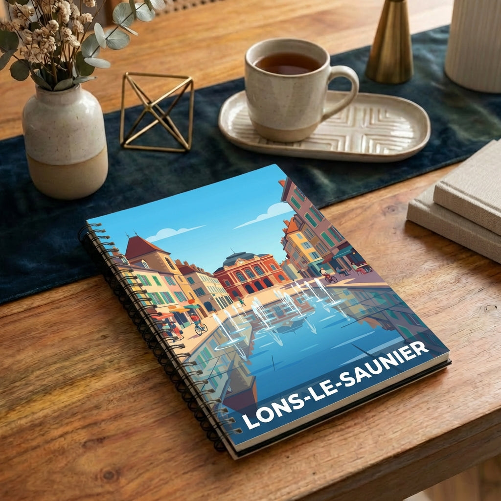 Carnet à spirales souvenir de la ville de Lons-le-Saunier avec une illustration stylisée de sa place centrale.