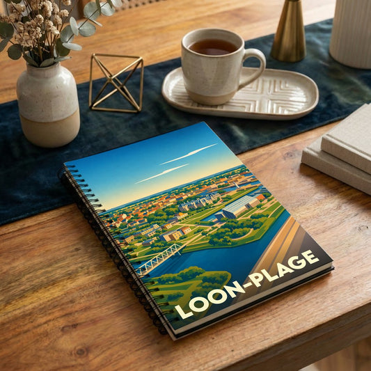 Carnet souvenir de la ville de Loon-Plage avec une illustration stylisée vue du ciel.