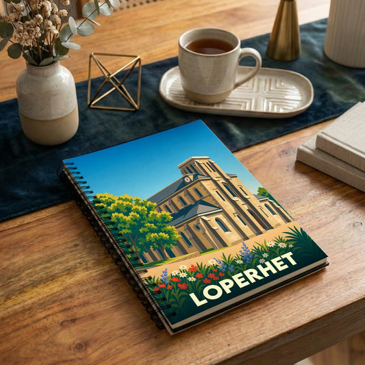 Carnet à spirale souvenir de la ville de Loperhet avec une illustration stylisée d'une église et son jardin.