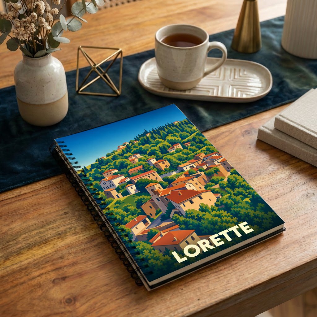 Carnet à spirales souvenir de la ville de Lorette avec une illustration stylisée d'un village vallonné.