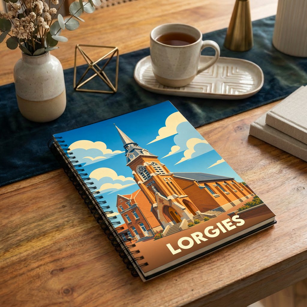 Carnet de notes souvenir de la ville de Lorgies avec une illustration stylisée de son église.