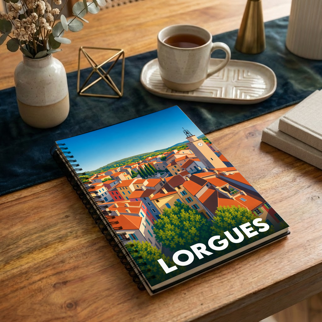 Carnet à spirales souvenir de la ville de Lorgues avec une illustration stylisée de ses toits provençaux.