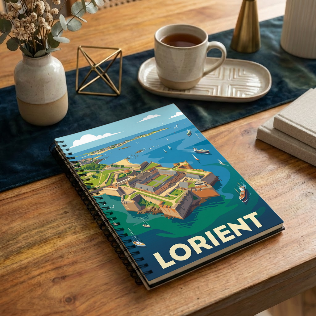Carnet à spirales souvenir de la ville de Lorient avec une illustration stylisée.