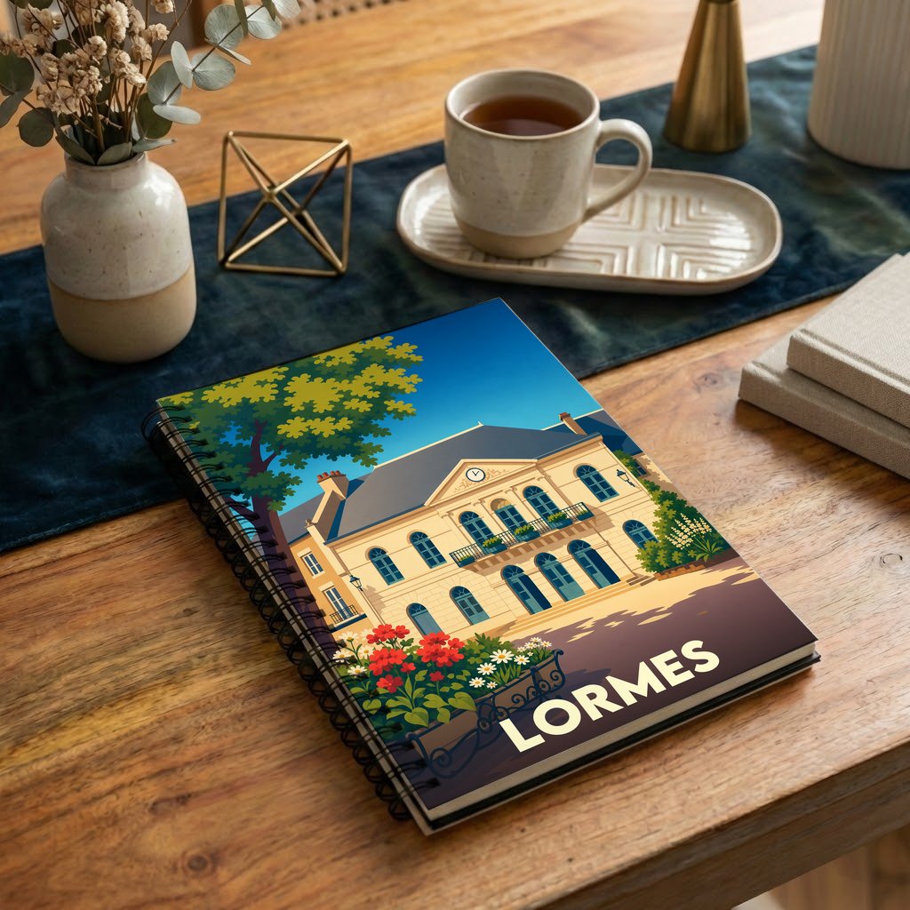 Carnet de notes souvenir de la ville de Lormes avec une illustration stylisée de son hôtel de ville.