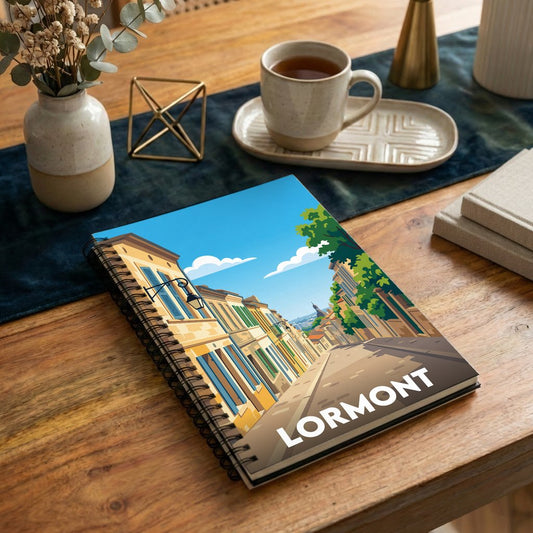 Carnet à spirales souvenir de la ville de Lormont avec une illustration stylisée d'une rue pittoresque.