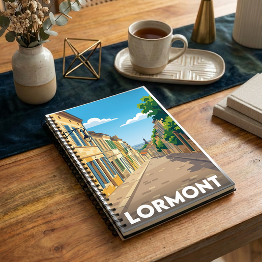 Carnet souvenir de la ville de Lormont avec une illustration stylisée d'une rue pittoresque.