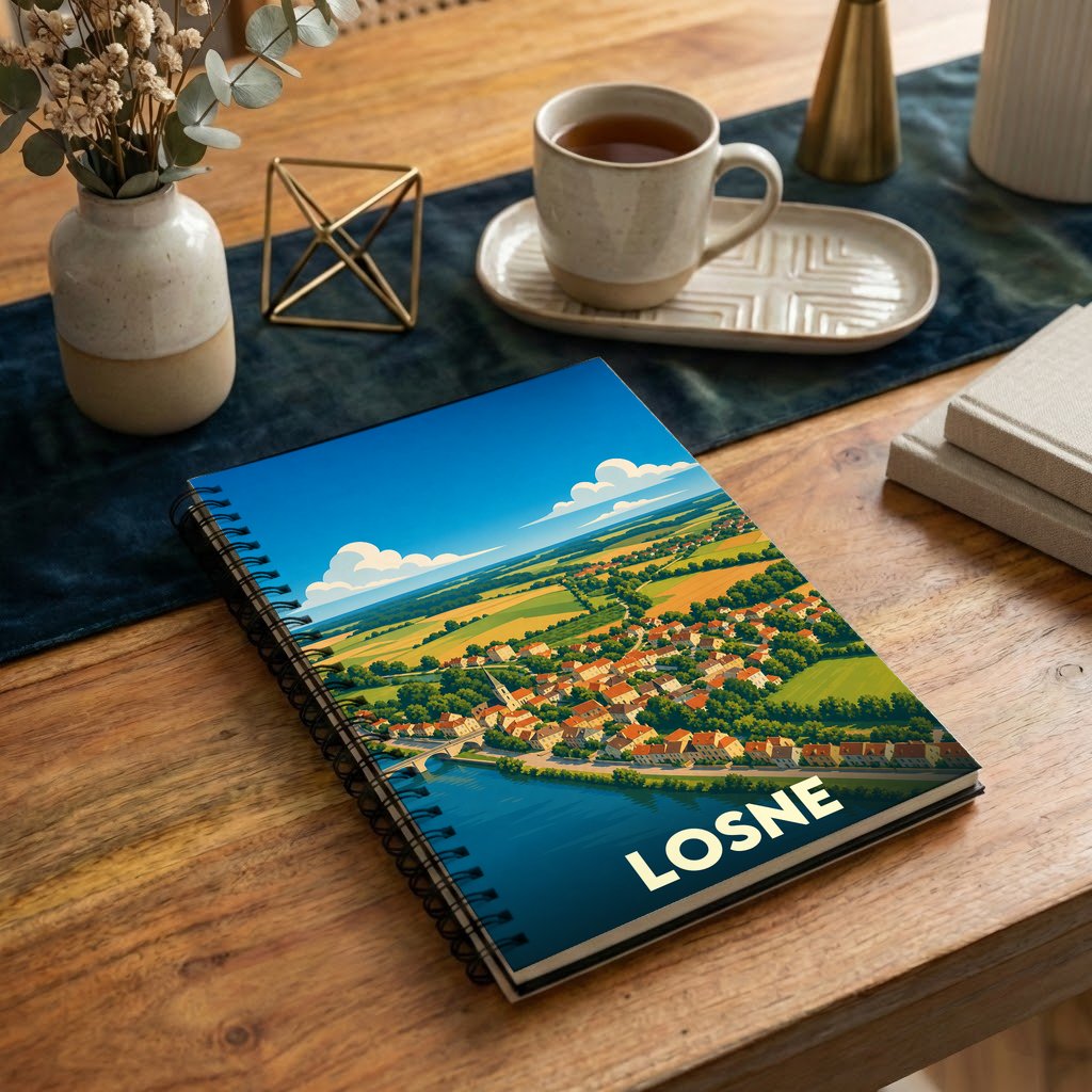 Carnet souvenir de la ville de Losne avec une illustration stylisée de son paysage urbain et fluvial.