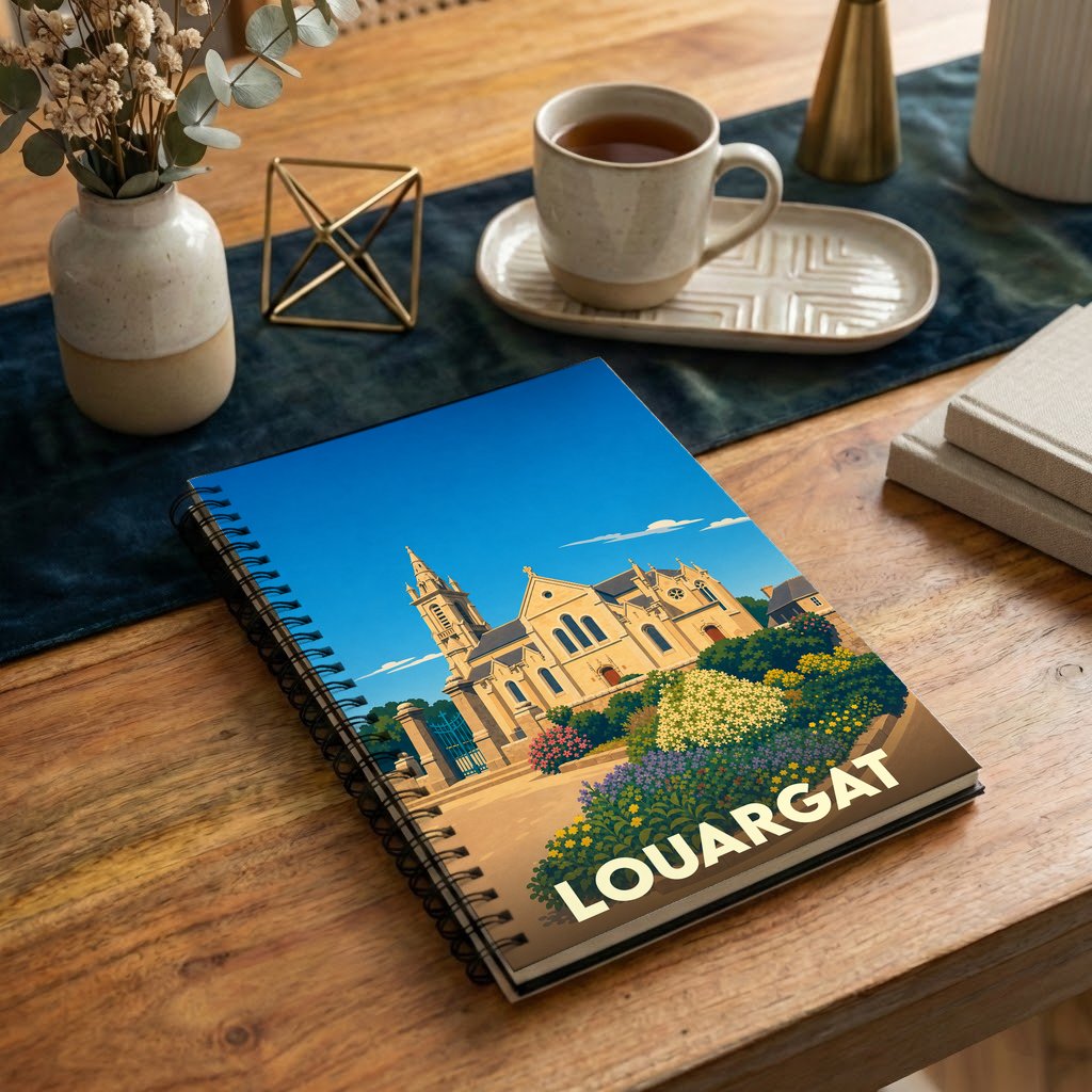 Carnet de notes souvenir de la ville de Louargat avec une illustration stylisée de son église.
