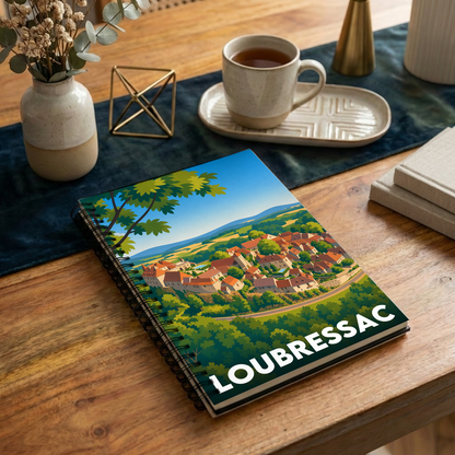 Carnet souvenir de la ville de Loubressac avec une illustration stylisée.