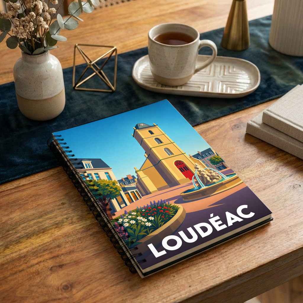 Carnet à spirales souvenir de la ville de Loudéac avec une illustration stylisée de son église et d'une fontaine.