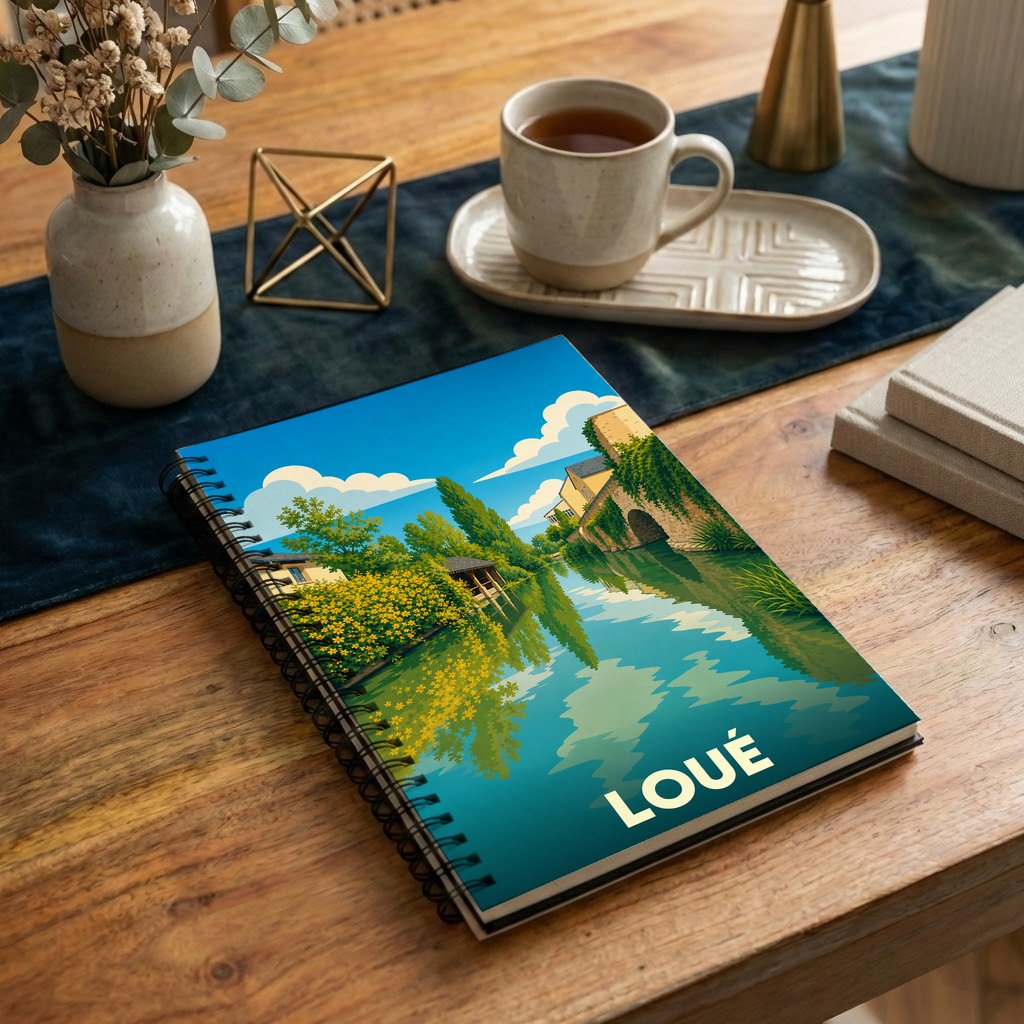 Carnet souvenir de la ville de Loué avec une illustration stylisée d'un paysage fluvial.