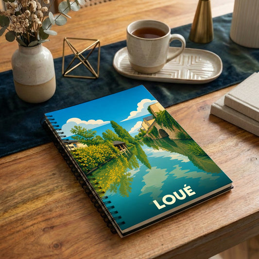 Carnet souvenir de la ville de Loué avec une illustration stylisée d'un paysage fluvial.