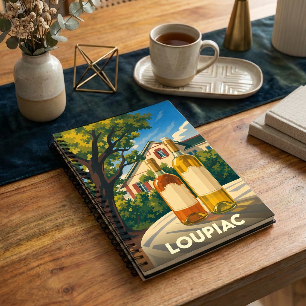 Carnet de notes souvenir de la ville de Loupiac orné d'une illustration stylisée représentant deux bouteilles de vin devant un domaine.