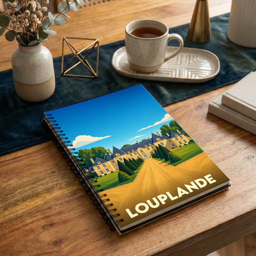 Carnet souvenir de la ville de Louplande avec une illustration stylisée de son patrimoine architectural.