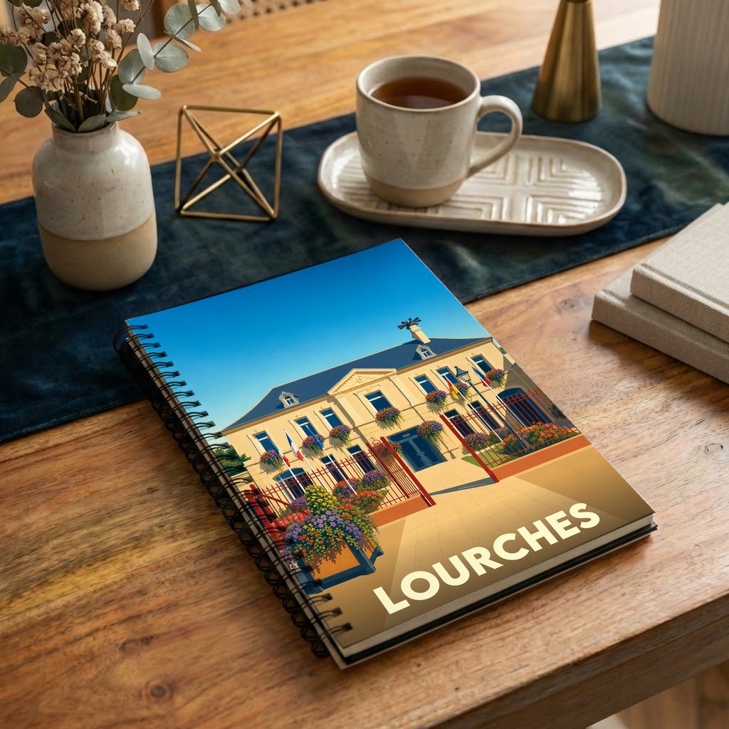 Carnet à spirales souvenir de la ville de Lourches orné d'une illustration stylisée de son hôtel de ville.