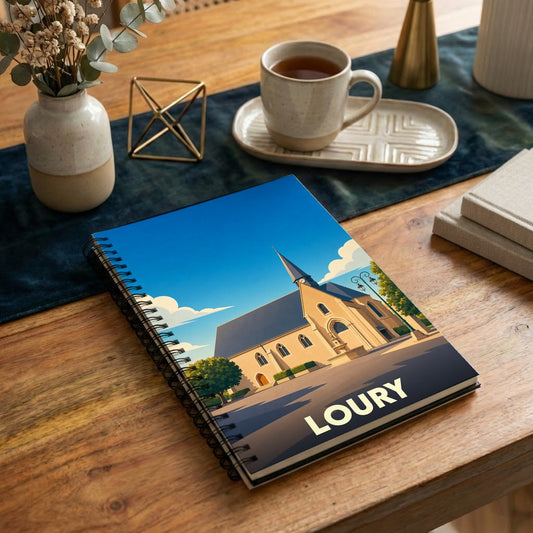 Carnet à spirales souvenir de la ville de Loury avec une illustration stylisée de son église.