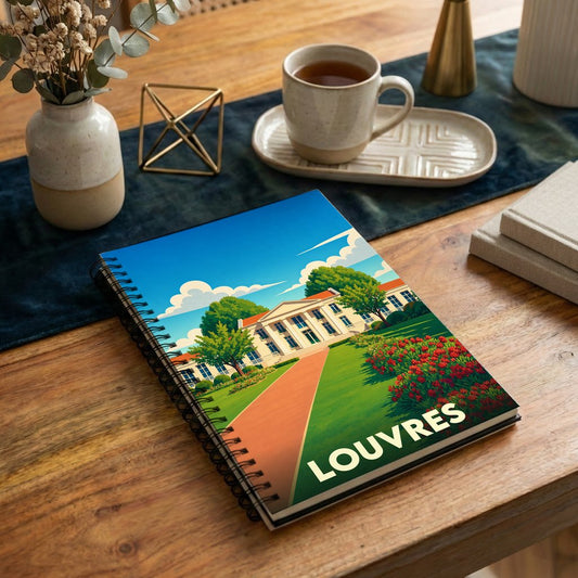 Carnet à spirales souvenir de la ville de Louvres avec une illustration colorée et stylisée de son patrimoine.