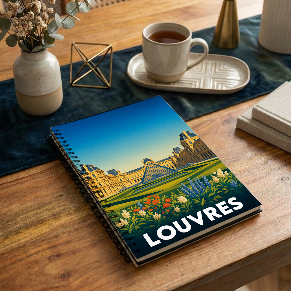 Carnet à spirales souvenir de la ville de Louvres avec une illustration stylisée du musée.