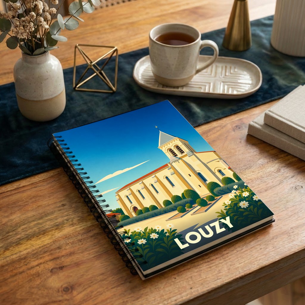Carnet à spirales souvenir de la ville de Louzy avec une illustration stylisée de son église.