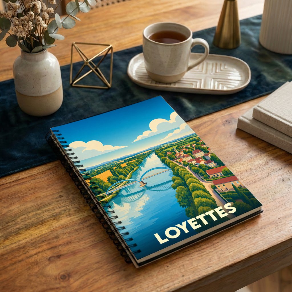 Carnet de notes souvenir de la ville de Loyettes illustré par une vue aérienne stylisée de son pont et de la rivière.