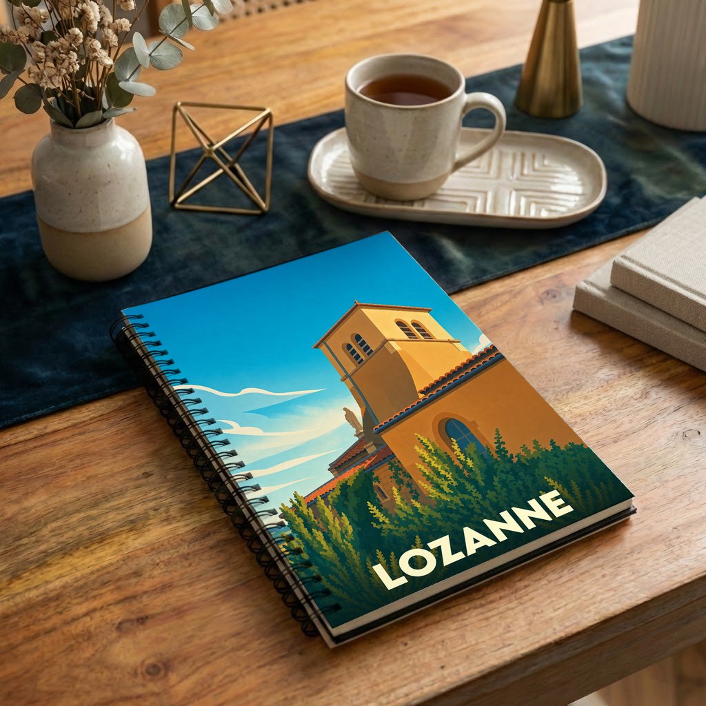 Carnet souvenir de la ville de Lozanne avec une illustration stylisée d'un clocher ensoleillé.