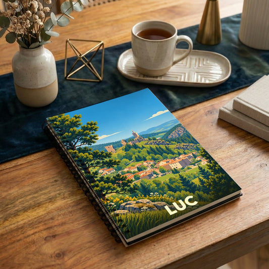 Carnet souvenir de la ville de Luc avec une illustration stylisée de son paysage vallonné.