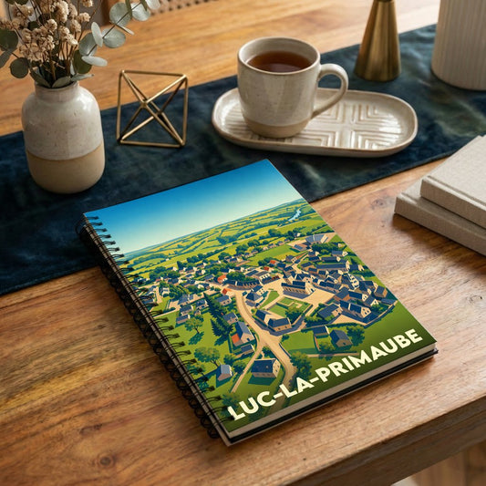 Carnet à spirales souvenir de la ville de Luc-la-Primaube avec une illustration stylisée vue du ciel.