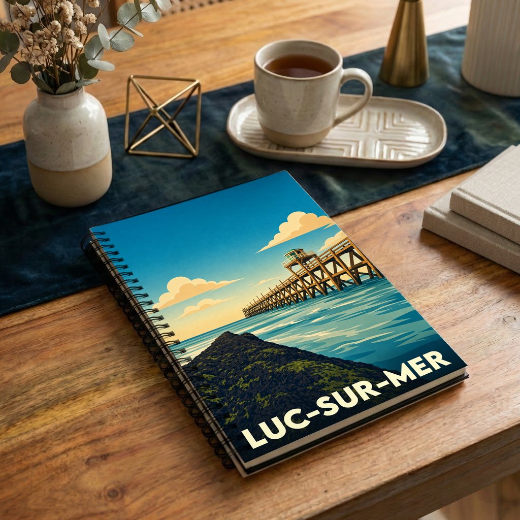 Carnet souvenir de la ville de Luc-sur-Mer avec une illustration stylisée d'une jetée en bois au coucher du soleil.