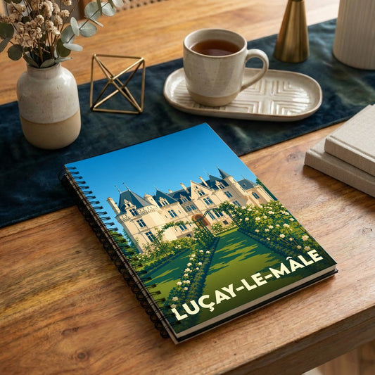 Carnet de notes à spirales souvenir de la ville de Luçay-le-Mâle illustré d'un château stylisé.