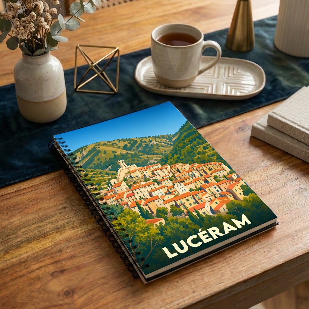 Carnet à spirale souvenir de la ville de Lucéram illustré d'un paysage provençal stylisé.