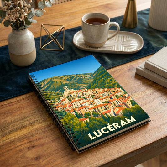 Carnet à spirale souvenir de la ville de Lucéram illustré d'un paysage provençal stylisé.