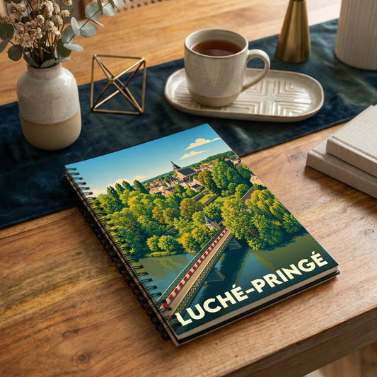 Carnet souvenir de la ville de Luché-Pringé avec une illustration stylisée d'un pont et d'un paysage verdoyant.