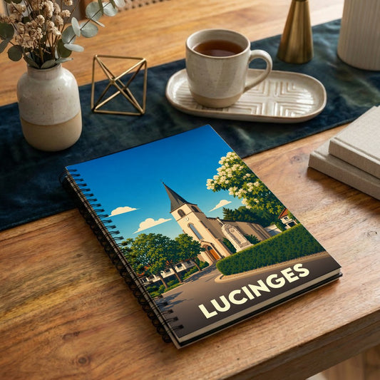Carnet à spirales souvenir de la ville de Lucinges avec une illustration stylisée de son église.