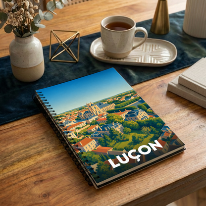 Carnet à spirales souvenir de la ville de Luçon avec une illustration stylisée vue du ciel.