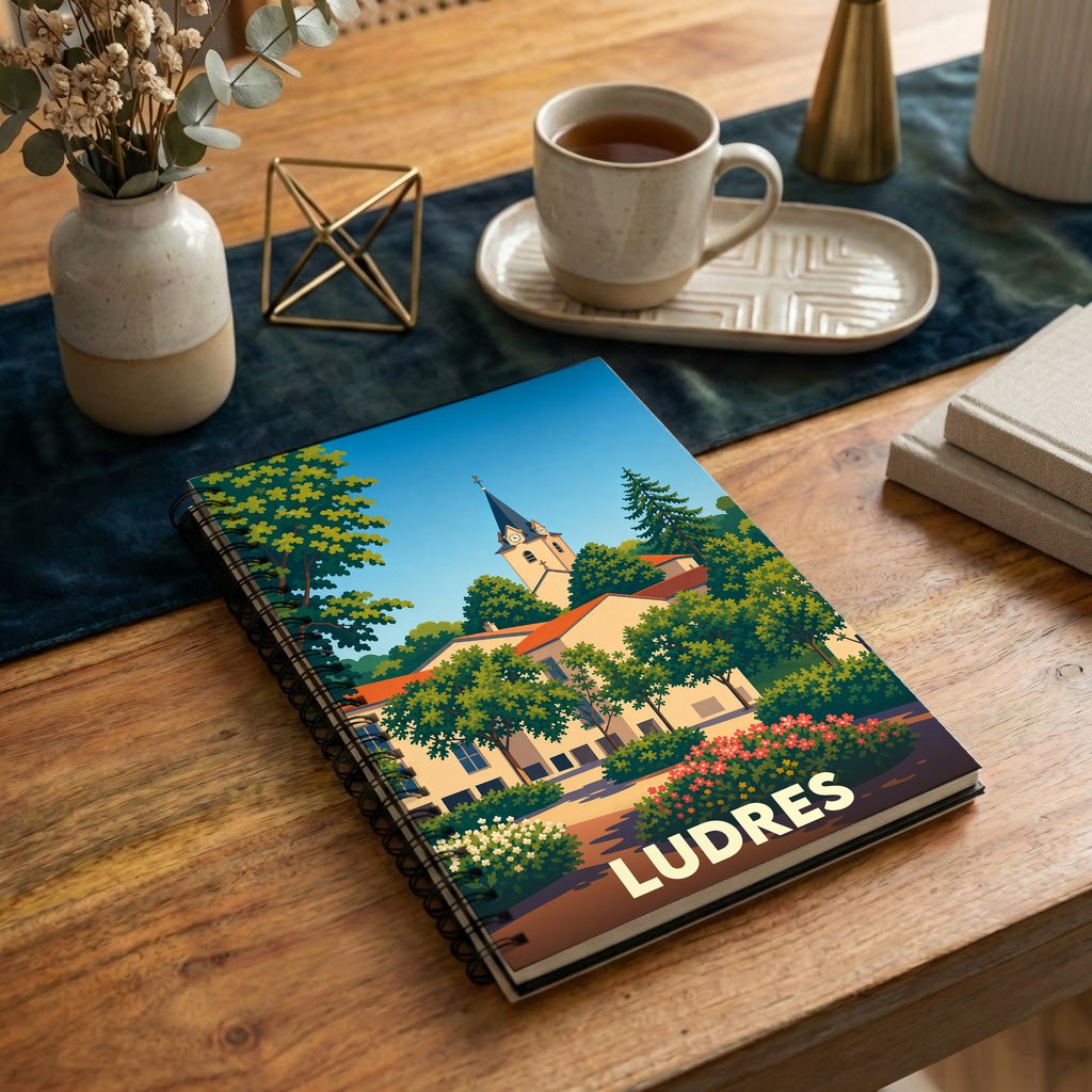 Carnet à spirales souvenir de la ville de Ludres avec une illustration stylisée et colorée.