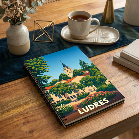 Carnet à spirales souvenir de la ville de Ludres avec une illustration stylisée et colorée.